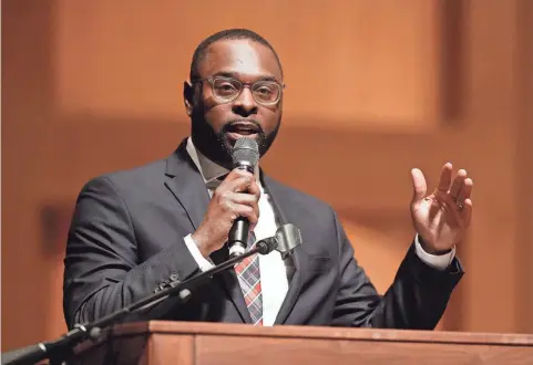  ?? CHRIS DAY/THE COMMERCIAL APPEAL ?? Mayor Paul Young gives his inaugural address during the swearing in ceremony of Young and the Memphis City Council at the Cannon Center for the Performing Arts in Downtown Memphis on Monday.