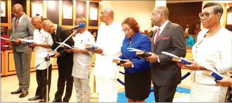  ?? ?? New permanent secretarie­s during their swearing- in by the Rivers State Governor, Siminalayi Fubara, in Port Harcourt… yesterday.