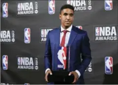  ?? PHOTO BY EVAN AGOSTINI — INVISION VIA AP ?? NBA Rookie of the Year winner Malcom Brogdon poses in the press room at the 2017 NBA Awards Monday in New York.