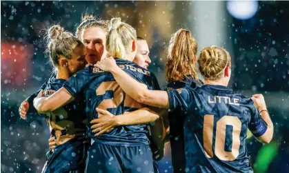  ?? DeFodi Images/Getty Images ?? Arsenal celebrate the Vivianne Miedema goal against Ajax that earned them a place in the Champions League group stage. Photograph: