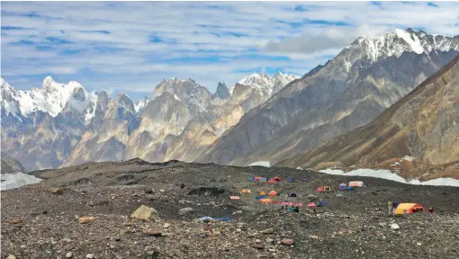  ??  ?? Camp at the head of the Baltoro Glacier, surrounded by the peaks of the Karakoram Photo: Michael Henley