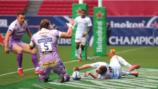  ??  ?? Racing 92’ s Finn Russell shows his careless side as he fumbles the ball in the12th minute of Saturday’s final against Exeter