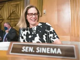  ?? J. SCOTT APPLEWHITE/AP ?? Sen. Kyrsten Sinema, D-Ariz., has alienated many in her party for reshaping President Joe Biden’s newly revived economic, health care and climate bill.