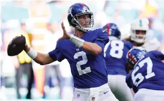  ?? WILFREDO LEE/AP ?? Giants backup QB Mike Glennon will make his second consecutiv­e start for the injured Daniel Jones.