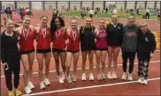  ?? Submitted photo ?? Shelby girls track athletes competed in the Ohio Indoor State Meet at SPIRE Institute in Geneva on Saturday. Shown left to right are Kailyn Schwall, Madison, Henkel, Ava Bowman, Jaleeza Zehner, Princess Timko, Kaylin Mahon, Channon Cundiff, Courtney Stiving, Emma Mahek, and Ella Reed.