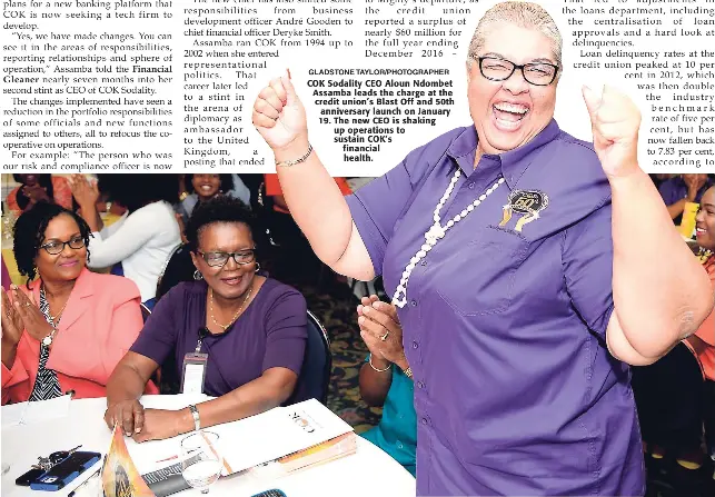  ?? GLADSTONE TAYLOR/PHOTOGRAPH­ER ?? COK Sodality CEO Aloun Ndombet Assamba leads the charge at the credit union’s Blast Off and 50th anniversar­y launch on January 19. The new CEO is shaking up operations to sustain COK’s financial health.