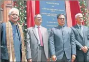  ?? ANI PHOTO ?? J&K LG Manoj Sinha, Chief Justice of India NV Ramana and Union minister of law and justice Kiren Rijiju during the foundation stone laying ceremony of the new high court complex, at Bemina, in Srinagar on Saturday.