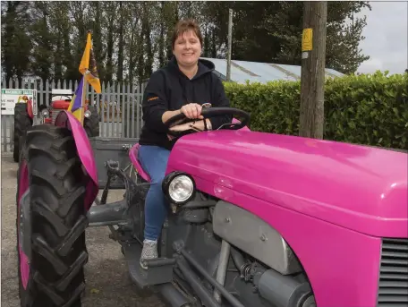  ??  ?? Angela Byrne at the wheel of a very colourful tractor at the Forge Vintage club run in Foulksmill­s.