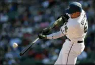  ?? BRANDON WADE — THE ASSOCIATED PRESS FILE ?? In this file photo, Texas Rangers’ Ronald Guzman (67) makes contact for an RBI double during the sixth inning of a baseball game against the Kansas City Royals, in Arlington, Texas. Rangers manager Jeff Banister sees a lot of players trending in the...