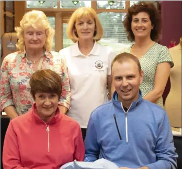  ??  ?? The PGA tankard in New Ross, sponsroed by the Pro Shop. Back (from left): Breda McManus (Senior winner), Marguerite Sutton (lady Vice-Captain), Mary J. Maher (third). Front (from left): Teenie Murphy, collecting for winner Bernie Murphy, and James Rowe...