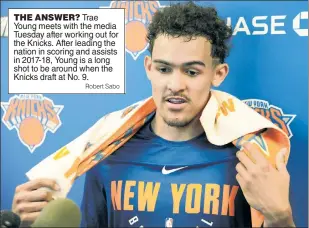  ?? Robert Sabo ?? THE ANSWER? Trae Young meets with the media Tuesday after working out for the Knicks. After leading the nation in scoring and assists in 2017-18, Young is a long shot to be around when the Knicks draft at No. 9.