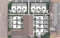  ?? ?? Top, a drawing showing a block of three units that would front Gladstone Rd. Above, a plan for the 1709m2 site. Gladstone Rd runs along the top of the image. A neighbouri­ng motel complex is on the right.