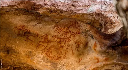  ??  ?? ABOVE The Bhimbetka Rock Shelters, a UNESCO World Heritage Site near Bhopal in central India, features cave paintings that date back to the Indian Mesolithic, around 8,000 BCE