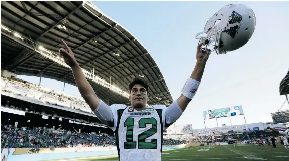  ?? TREVOR HAGAN/The Canadian Press ?? Quarterbac­k Tino Sunseri led the Roughrider­s to victory after he replaced injured Darian Durant against the Winnipeg Blue Bombers on Sunday.