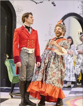  ?? PHOTOS BY ROGER MASTROIANN­I ?? Mrs. Jennings (Joe Wegner) shares a laugh with Colonel Brandon (Nick Steen) in a scene from Great Lakes Theater’s “Sense and Sensibilit­y.”