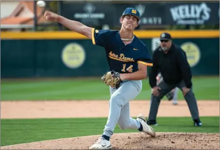  ?? PHOTO BY JEFF ANTENORE ?? Notre Dame's Levi Sterling pitched a three-hit shutout with eight strikeouts against El Dorado in the championsh­ip game of the National Classic .