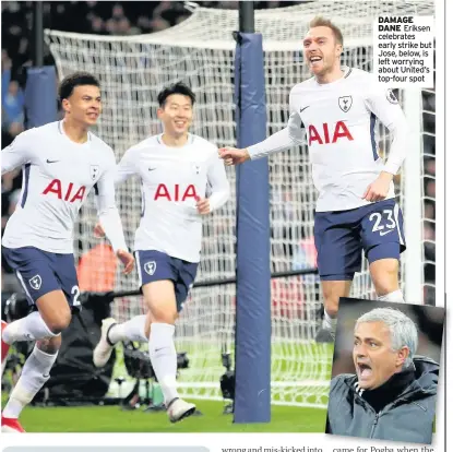  ??  ?? DAMAGE DANE Eriksen celebrates early strike but Jose, below, is left worrying about United’s top-four spot