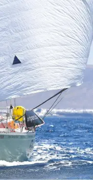  ??  ?? Mark Slats has a double headsail that can be poled out either side of