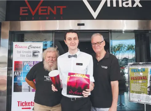  ?? Picture: ANNA ROGERS ?? ON MOVE: Event Cinemas Cairns City assistant manager Benjamin Van Diemen (centre) with End Credits Film Club secretary Brynn Mathews and president Brett Hitchens at the club's new home at the Event Cinemas complex on Grafton St.