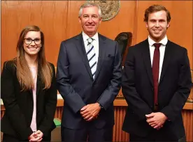  ?? PHOTO COURTESY MONTGOMERY COUNTY DISTRICT ATTORNEY’S OFFICE ?? Anne O’Connell, left, and Bradley Deckel, right, pictured here with Montgomery County District Attorney Kevin R. Steele were the winners of the district attorney’s 21st Annual Summer Intern Mock Trial Competitio­n for second-year law students.