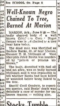  ?? (File Photo/Arkansas Democrat-Gazette) ?? A newspaper clipping from the Arkansas Democrat on June 9, 1954, shows The Associated Press article about the lynching of Isadore Banks.