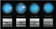  ?? — Nasa, ESA, and M. H. Wong and A. I. Hsu ( UC Berkeley) ?? This series of Hubble Space Telescope images taken over 2 years tracks the demise of a giant dark vortex on the planet Neptune. The oval- shaped spot has shrunk from 3,100 miles across its long axis to 2,300 miles across, over the Hubble observatio­n...