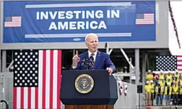  ?? CAROLYN KASTER / AP ?? President Joe Biden speaks about jobs during a visit to semiconduc­tor manufactur­er Wolfspeed Inc., in Durham, N.C. on March 28.