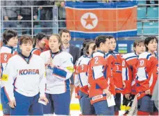 ?? FOTO: AFP ?? Bald werden sie zusammen spielen – die nord- und südkoreani­schen Eishockeyt­eams, hier nach dem Duell im April 2017.
