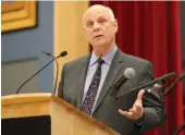  ?? CITIZEN PHOTO BY JAMES DOYLE ?? B.C. Provincial Court chief judge Thomas Crabtree speaks at the Prince George Conference and Civic Centre on Friday.