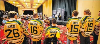  ?? LIAMRICHAR­DS ?? Surviving members of the Humboldt Broncos were the centre of attention during a media event put on by the NHL in Las Vegas on Tuesday.