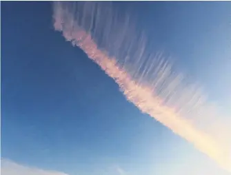  ??  ?? Judy Leblanc-brennan was intrigued by this solitary cloud in Florence, Cape Breton, N.S. It was an otherwise clear day when she noticed the delicate design overhead. She saw a lovely eyelash; do you?