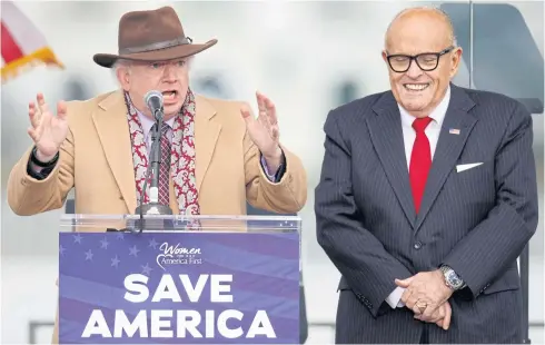  ?? ?? STILL FIGHTING: Attorney John Eastman gestures as he speaks next to US President Donald Trump’s personal attorney Rudy Giuliani in Washington on Jan 6, 2021.