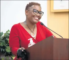  ??  ?? Former Gary Mayor Karen Freeman-Wilson speaks Friday during an unveiling ceremony for her mayoral portrait.