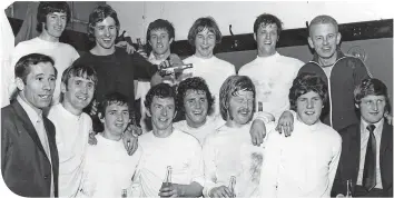  ??  ?? Davie Mcparland (far left) and Ronnie Glavin (front, second right) after promotion in 1971