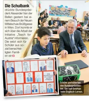  ??  ?? Schüler porträtier­ten den Bundespräs­identen. Der half Emirhan beim Englisch-Lernen.