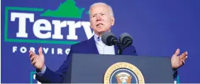  ?? AP PHOTO/ANDREW HARNIK ?? President Joe Biden speaks at a campaign event for Virginia democratic gubernator­ial candidate Terry McAuliffe on Friday in Arlington, Va.