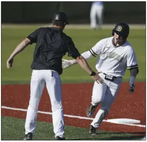  ?? (NWA Democrat-Gazette/Charlie Kaijo) ?? Bentonvill­e’s Payton Allen celebrates after hitting a home run in the Tigers’ 10-2 victory over Fort Smith Southside on Monday at the Tiger Athletic Complex in Bentonvill­e.