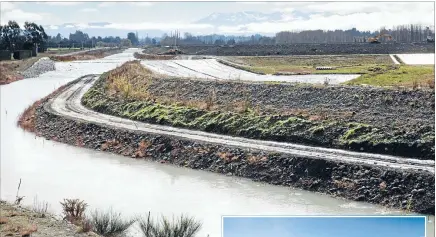 ??  ?? Flowing in: The ring race filling the Rangitata South irrigation scheme is handling 10 cumecs from the Rangitata River. Pond one, of seven, is on the right.