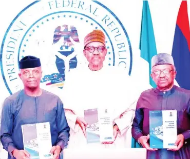  ?? PHOTO: VP Office ?? „ From left: Vice President Yemi Osinbajo; President Muhammadu Buhari and Minister of Health, Dr Osagie Ehanire presenting the Health Care Reform Committee Report during a Valedictor­y Federal Executive meeting at the Presidenti­al Villa in Abuja yesterday