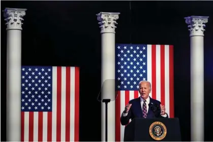  ?? Angerer/Getty Images ?? Joe Biden speaks in Blue Bell, Pennsylvan­ia, on Friday. He said: ‘America, we must be clear: democracy is on the ballot.’ Photograph: Drew