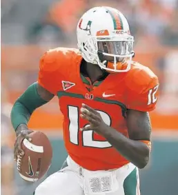  ?? HANS DERYK/AP ?? Jacory Harris finished his career at Miami as the all-time leader in completion­s and attempts, and was second in yardage and touchdowns.