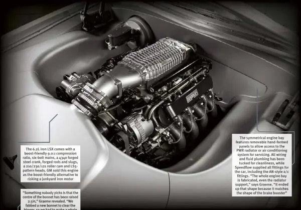  ??  ?? The 6.2L iron LSX comes witha boost-friendly 9.0:1 compressio­n ratio, six-bolt mains, a 4340 forged steel crank, forged rods and slugs, a 210/230/121 roller cam and LS3pattern heads. GM sold this engine as the boost-friendly alternativ­e to risking a junkyard iron motor
The symmetrica­l engine bay features removable hand-formed panels to allow access to the PWR radiator or air conditioni­ng system for servicing. All wiring and fluid plumbing hasbeen tucked for cleanlines­s, while Speedflow supplied allfitting­s for the car, including the An-style a/c fittings. “The whole engine bay is fabricated, even the radiator support,” says Graeme. “It ended up that shape because it matches the shape of the brake booster”