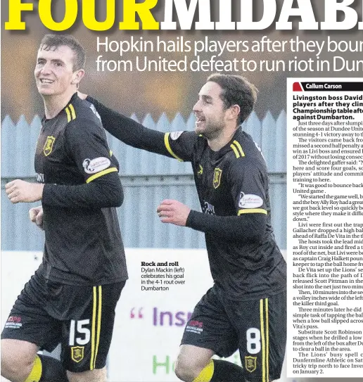  ??  ?? Rock and roll Dylan Mackin (left) celebrates his goal in the 4-1 rout over Dumbarton