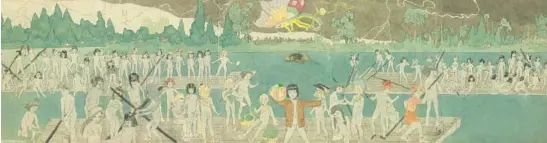  ?? CHRISTIES INC. ?? A piece by Henry Darger titled “93 At Jennie Richee, are chaced for long distance by Glandelini­ans with blood hounds” is from the collection of Marjorie and Harvey Freed. It’s a watercolor, graphite, collage and carbon transfer on pierced paper.
