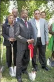  ?? RICK KAUFFMAN – DFM ?? Mayor Thaddeus Kirkland, left, and hotel developer Sam Patel, right, speak at the groundbrea­king of the Candlewood Suites Hotel in Chester.