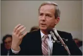  ?? LANA HARRIS — THE ASSOCIATED PRESS ?? Former national security adviser Robert C. McFarlane gestures while testifying before the House-Senate panel investigat­ing the Iran-Contra affair on May 13, 1987.