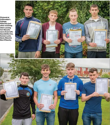  ??  ?? Pictured at St Brendan’s College, Killarney just after receiving their Leaving Cert Results were (from left) Gearóid Kerrins, Eamon Lavin, Denis Walsh & Ben O’Rourke. Liam Warren, Conor O’Donoghue, Aiden Kelly & Donal O’Sullivan delighted with their...