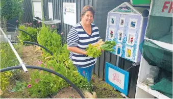  ?? ?? Te Puke Community Garden chairwoman Julie Gray with vegetables grown from seeds harvested at the garden.