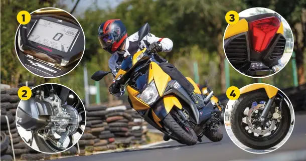  ??  ?? 1: All-digital instrument­ation allows Bluetooth connectivi­ty with a smartphone. 2: The second most powerful 125cc scooter you can buy,
after the Vespa. 3: Aggressive but polarising rear end. 4: 220mm petal rotor comes straight off the Apache RTR 200’s...