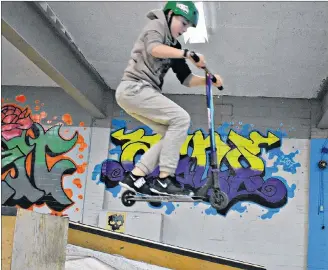  ?? DESIREE ANSTEY/ JOURNAL PIONEER ?? Clay Ramsay, on the Youth Board of Directors, enjoys using the in-door skate park facility during the cold shoulder of the season.